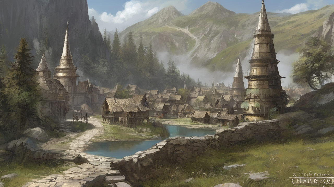 Epicka panorama fantasy przedstawiająca rozległe góry i lasy z charakterystycznym dla serii Elder Scrolls stylem artystycznym