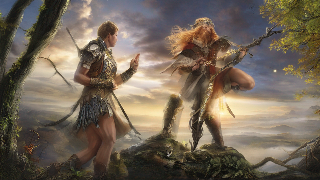 Epicka sceneria fantasy z górami, lasami i magicznym zamkiem na horyzoncie