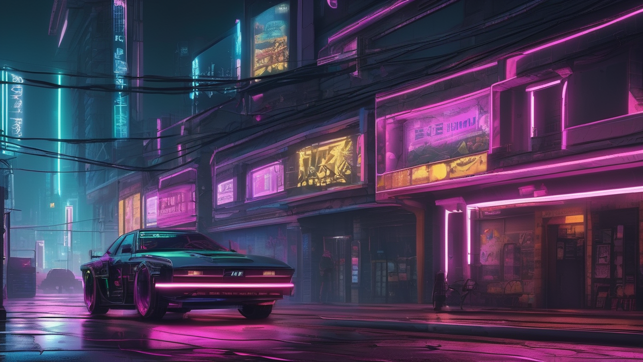 Futurystyczne miasto nocą z neonowymi światłami i latającymi pojazdami w stylu cyberpunk