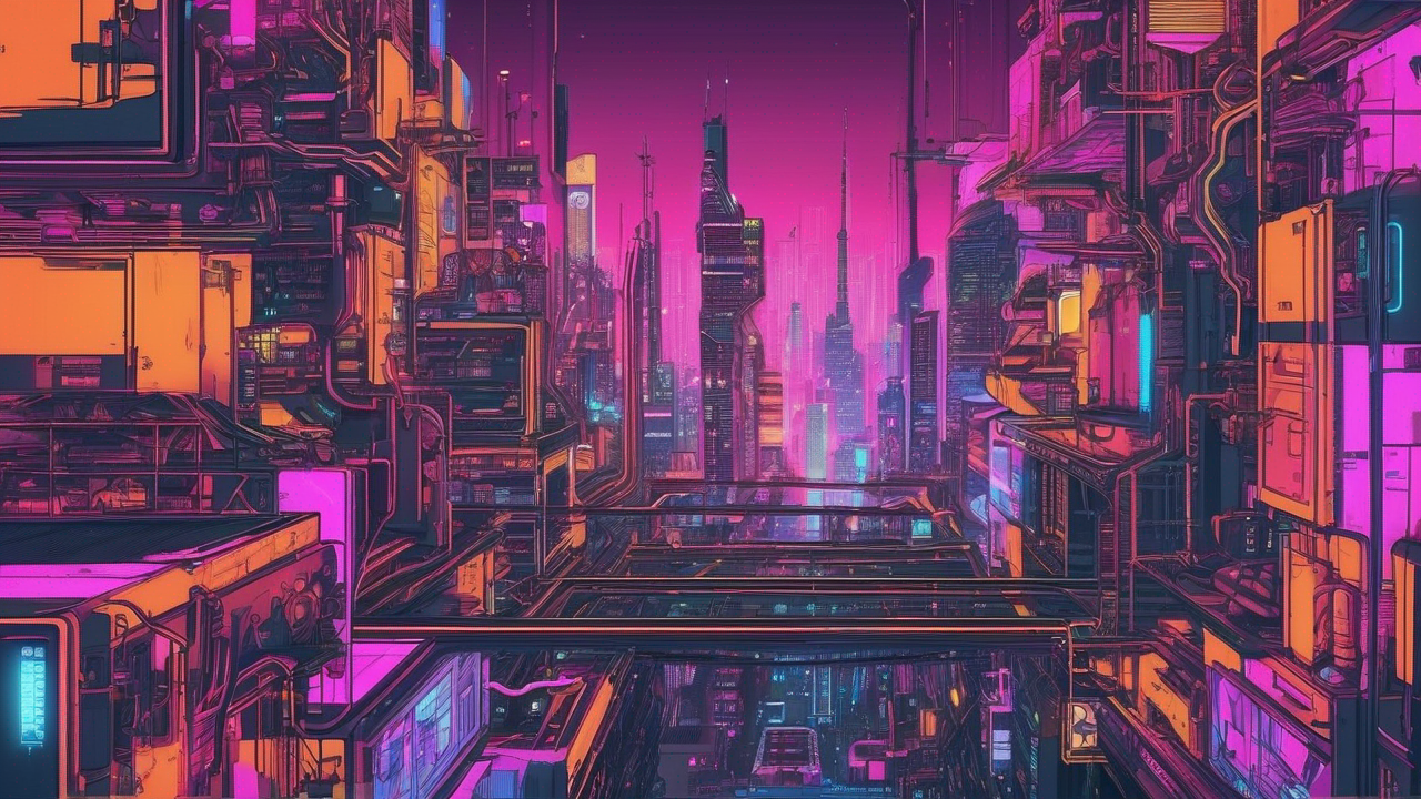 Futurystyczne neonowe miasto w stylu Cyberpunk z zaawansowaną technologią i cyborgami