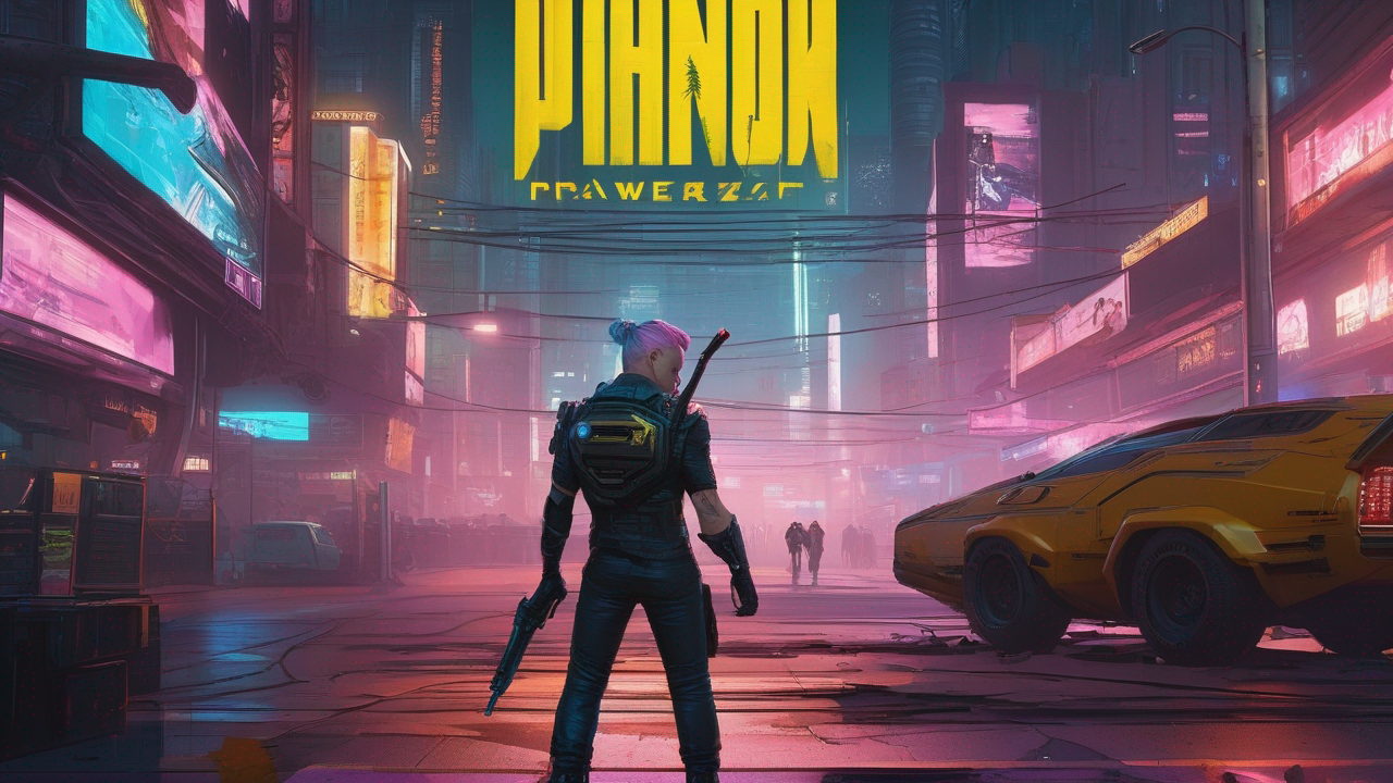 Futurystyczny, neonowy pejzaż miejski z Cyberpunk 2077: Phantom Liberty z postacią w cyberpunkowym stroju na pierwszym planie
