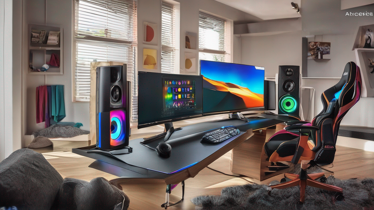 Kolekcja akcesoriów gamingowych na ciemnym tle z delikatnym podświetleniem w kolorach RGB