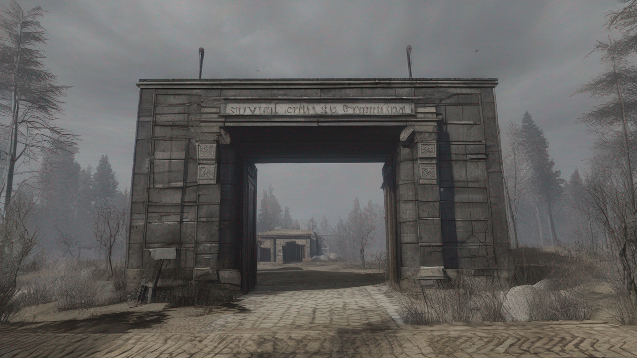 Mroczna scena z gry survival horror z opuszczonym budynkiem i tajemniczą postacią