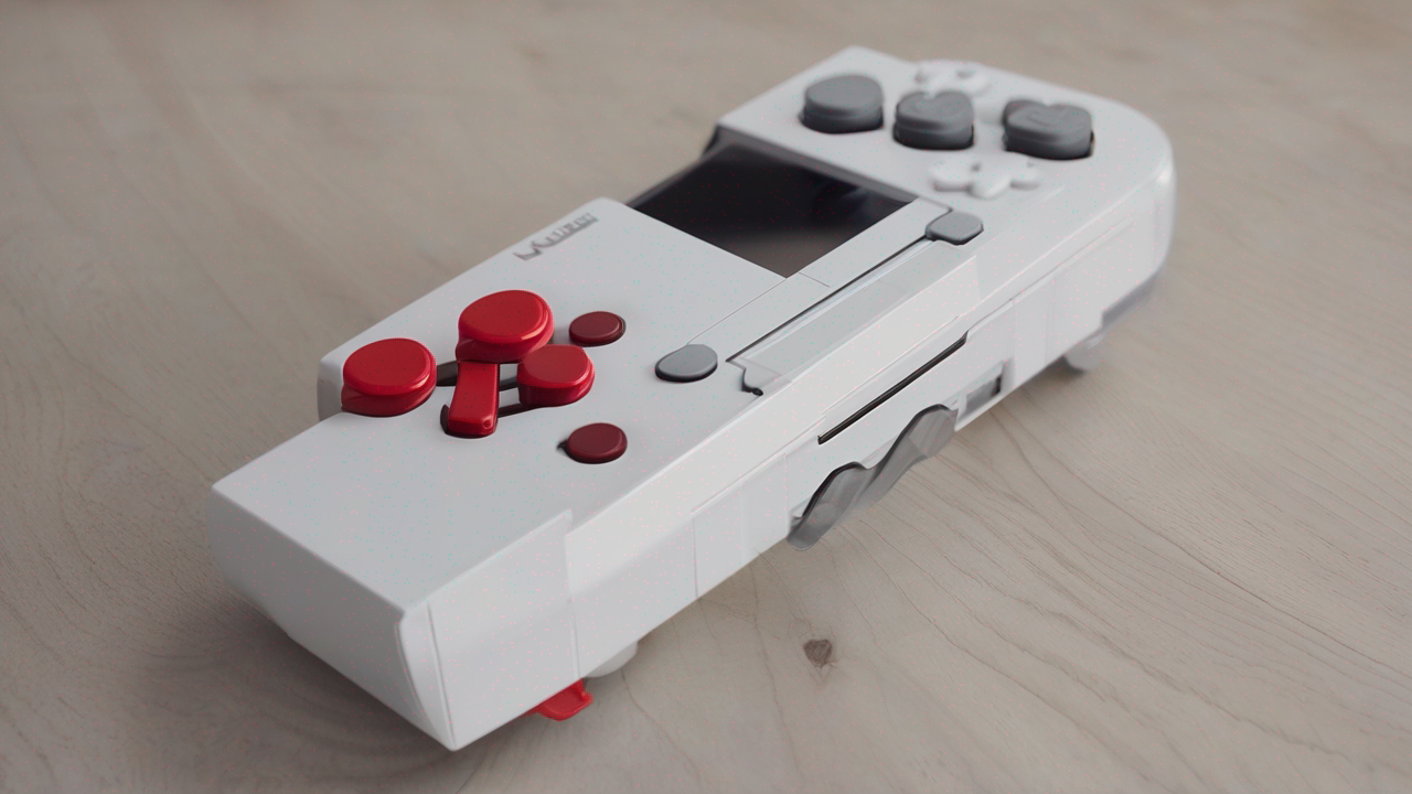 Nowoczesna konsola Nintendo z innowacyjnym kontrolerem i eleganckim, minimalistycznym designem