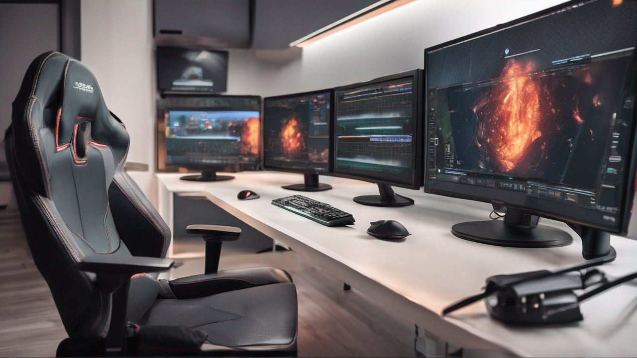 Nowoczesne studio gamingowe z wieloma monitorami pokazującymi różne gry i ciemnym, nastrojowym oświetleniem