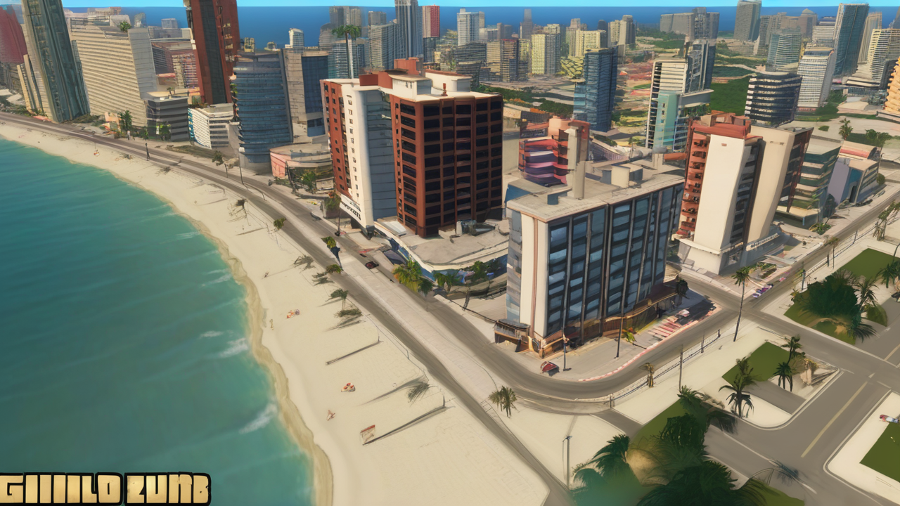 Panorama fikcyjnego miasta Vice City z GTA VI o zachodzie słońca z widocznymi drapaczami chmur i plażą